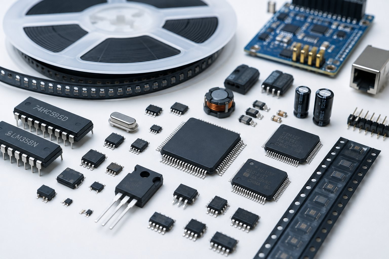Electronic components, integrated circuits and semiconductor reels prepared for commercial supply