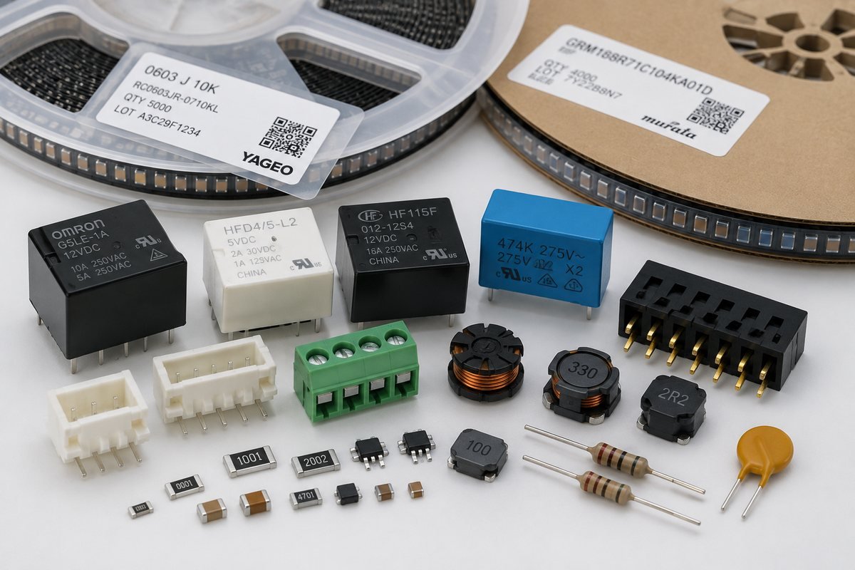 Capacitors, resistors, inductors, relays and connectors with labelled component reels